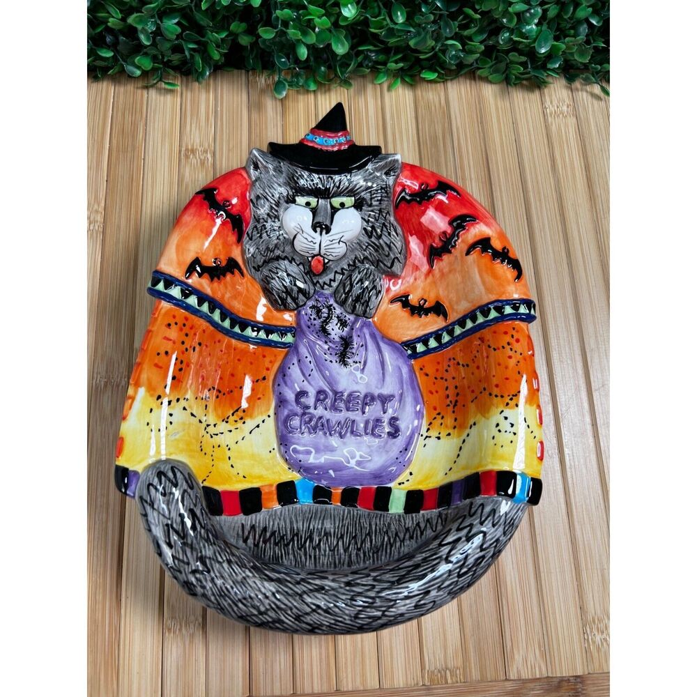 Fitz and Floyd Halloween Kitty Cat Witches Candy Dish Serving Dish Porcelain